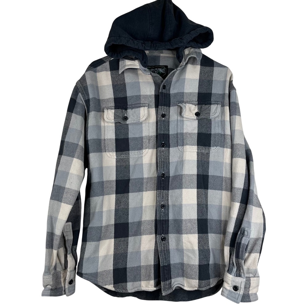 American Eagle Hooded Flannel Shirt Mens Small Grey Plaid Cotton Button Hoodie